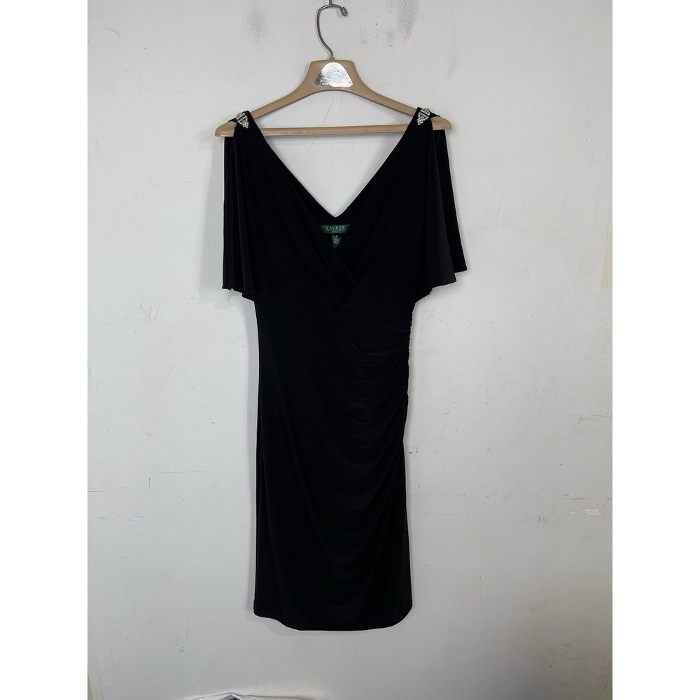 LRL RALPH LAUREN Dress 8 Black Formal Cocktail Evening Ruched Travel Date Night